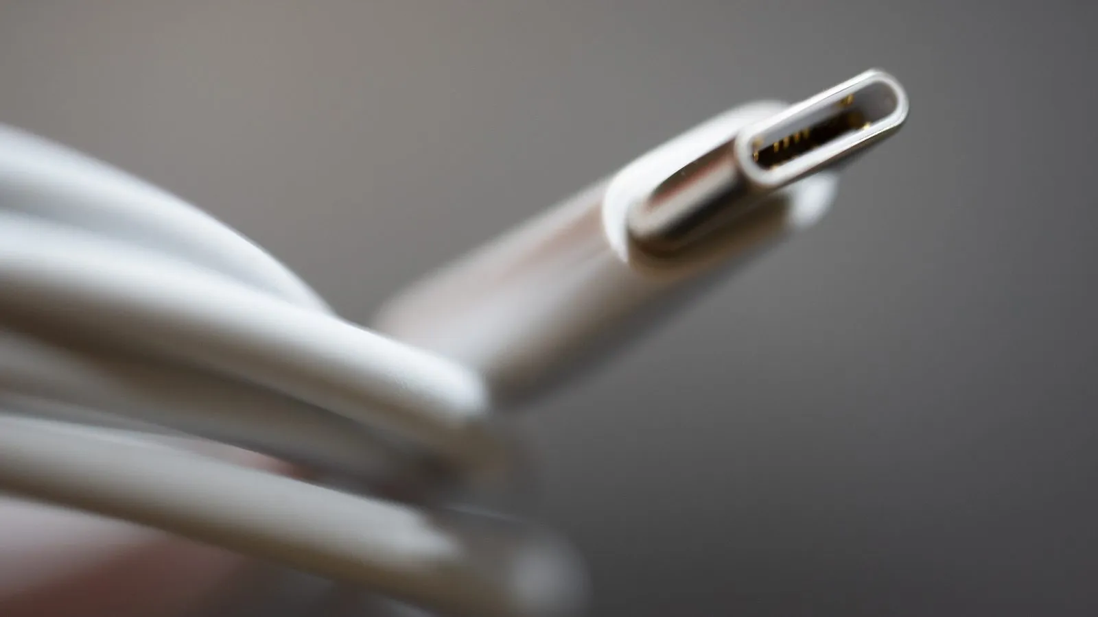 Close de um conector USB-C branco de cabo de carregamento, com o cabo enrolado ao fundo.
